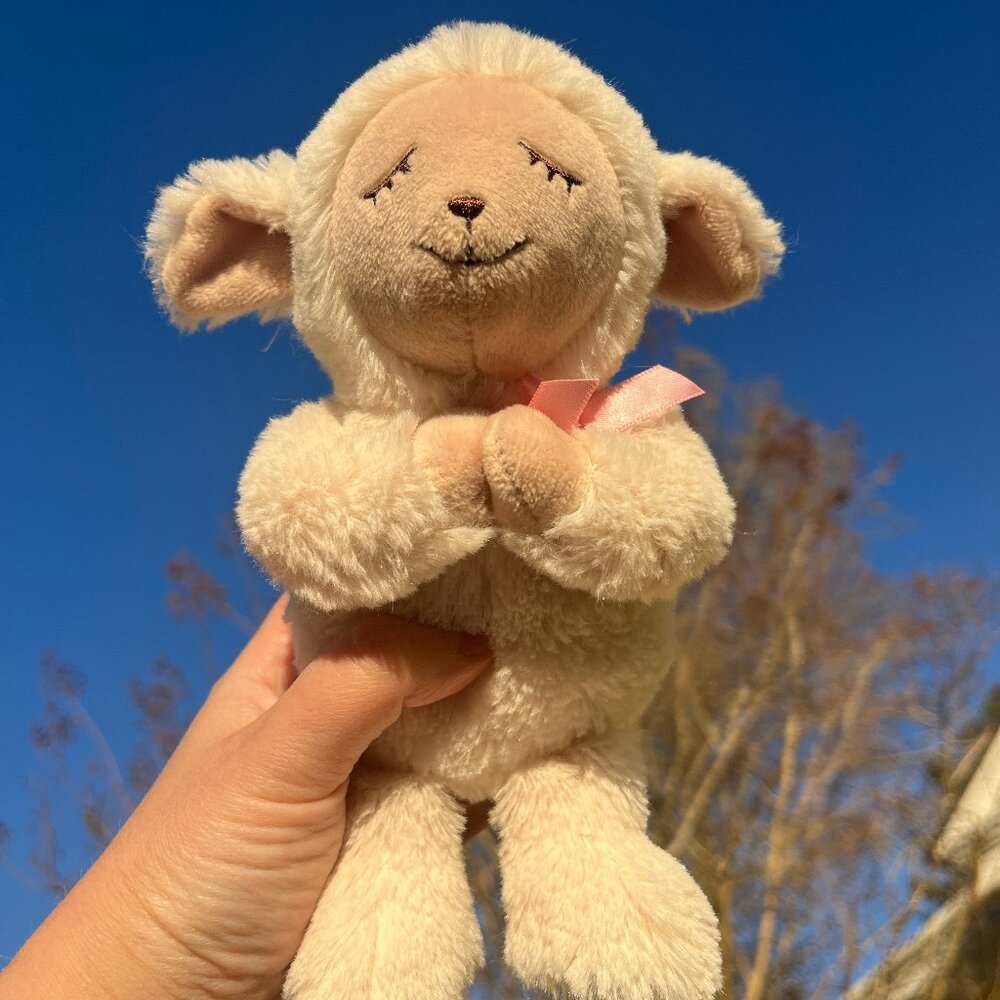 Praying Lamb with Pink Bow Plush Gift for Baptism